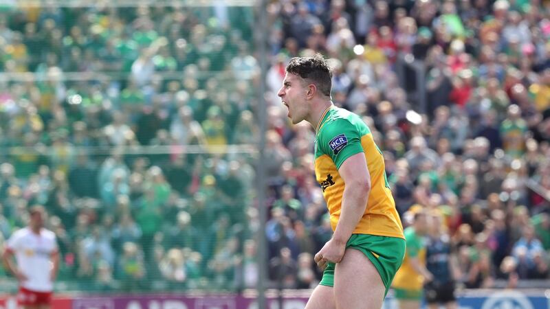 Patrick McBrearty celebrates after firing over the final point in Donegal's dramatic Ulster semi-final win over Tyrone on Sunday. Picture by Margaret McLaughlin
