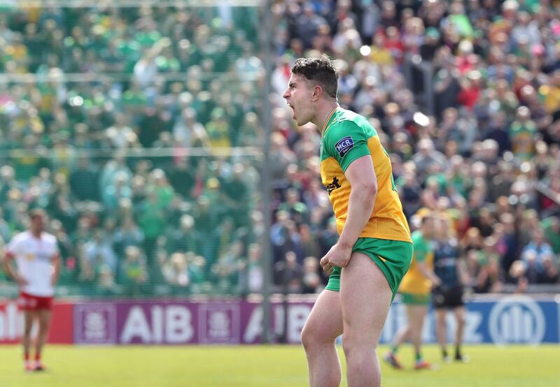 Patrick McBrearty celebrates after firing over the final point in Donegal's dramatic Ulster semi-final win over Tyrone on Sunday. Picture by Margaret McLaughlin