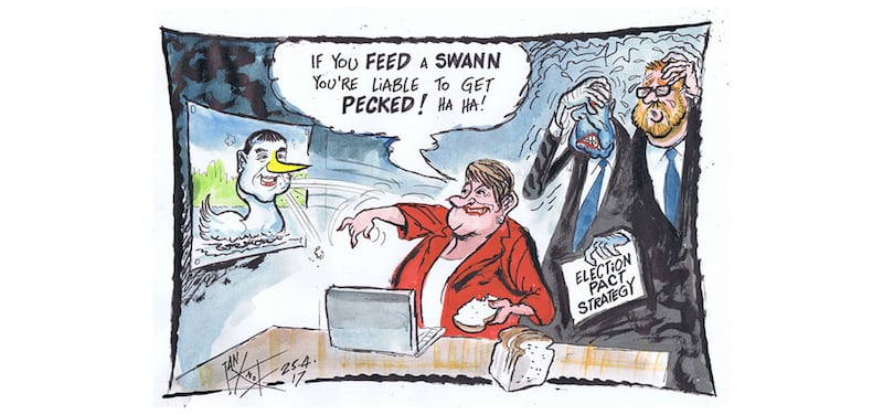 Ian Knox cartoon 25/4/17: UUP leader, Robin Swann echoes Michelle O'Neill's description of Arlene as &quot;a bit arrogant&quot; over her published expectation of a clear run in south Belfast&nbsp;