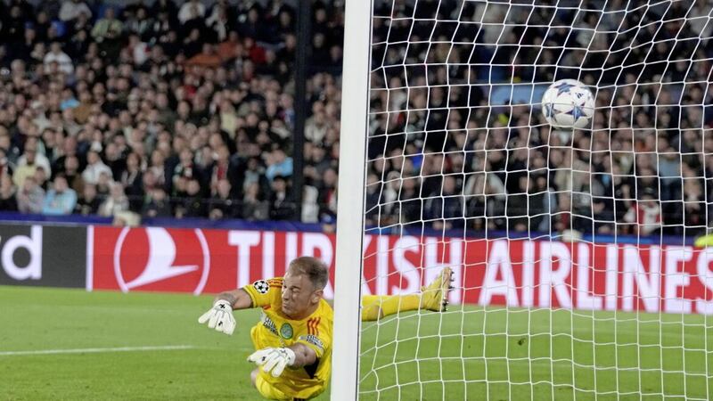 Joe Hart is beaten by a free-kick scored by Feyenoord&#39;s Calvin Stengs in Tuesday&#39;s Uefa Champions League Group E match 