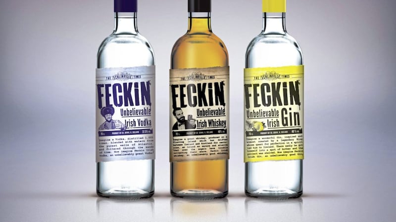 The range of Feckin whiskey, gin and vodka 