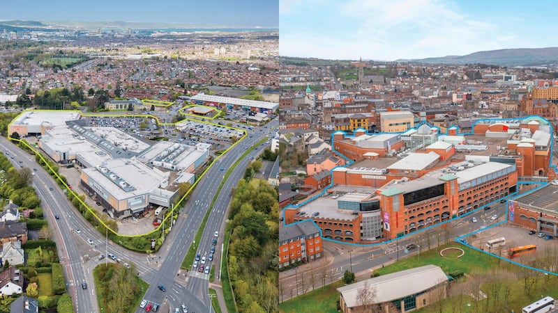 The Forestside (left) and Foyleside (right) shopping centres, which have been put up for sale.