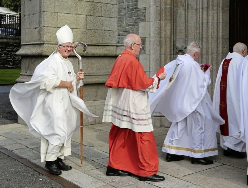 Bishop of Derry Dr Donal McKeown and Cardinal Sean Brady. The funeral of retired bishop of Derry Dr Seamus Hegarty at St Eugene&#39;s Cathedral in Derry on Monday. Picture Margaret McLaughlin 23-9-2019 