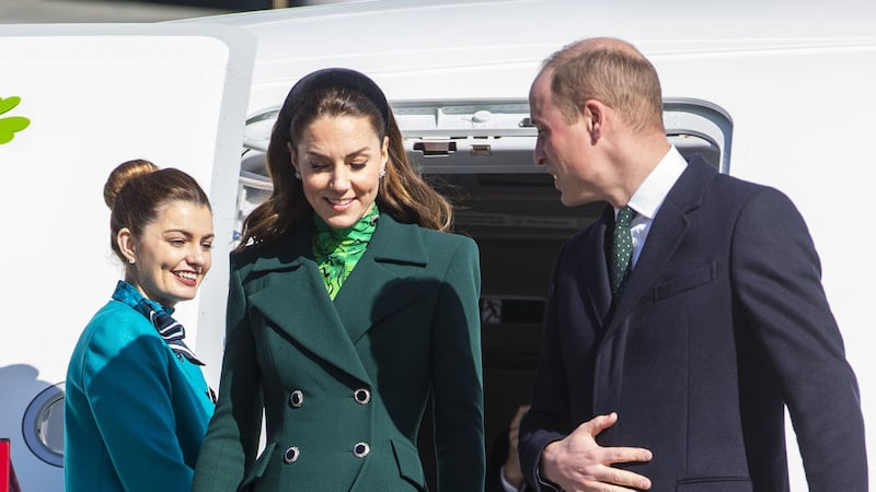 &nbsp;The Duke and Duchess of Cambridge walk down the steps of the plane as they arrive at Dublin International Airport ahead of their three day visit to the Republic of Ireland.