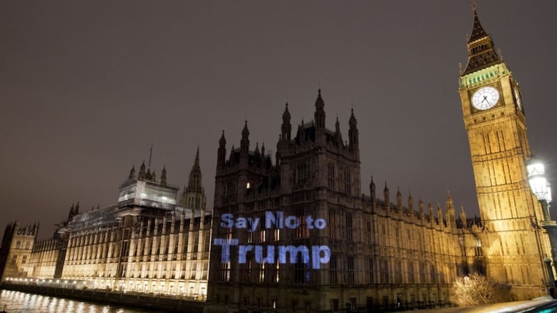 Houses of Parliament emblazoned with huge 'No To Trump' projection