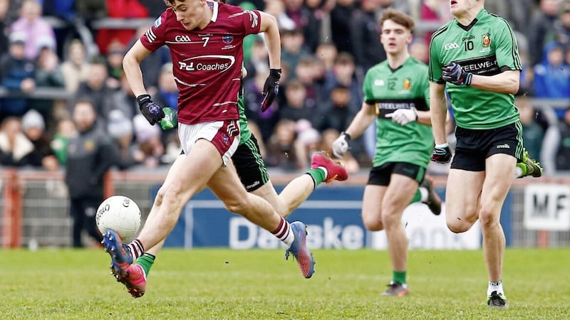  Omagh CBS&#39; Tom&aacute;s Haigney in action during the 2023 Danske Bank Ulster Schools GAA MacRory Cup final at O&#39;Neill Healy Park in Omagh between Holy Trinity Cookstown and Omagh CBS on 02-12-2023. Pic Philip Walsh 