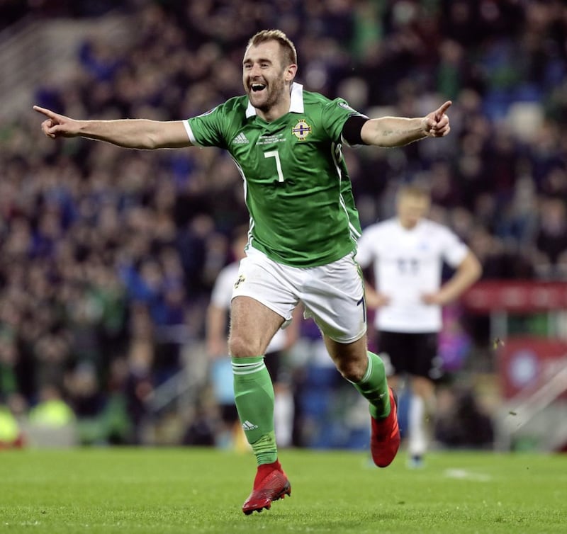 Niall McGinn celebrates after scoring against Estonia at Windsor Park. Picture by Desmond Loughery/Pacemaker 