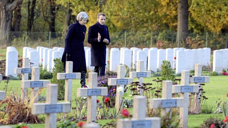 British prime minister Theresa May and French president Emmanuel Macron visit the Thiepval cemetery as part of ceremonies to mark the centenary of the 1918 Armistice, in Thiepval, northern France Picture by Eliot Blondet/AP 