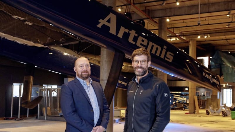 Artemis Technologies chief executive Iain Percy (right), with Adrian Doyle of The Odyssey Trust, unveiling the new AC45 vessel at the W5 in Belfast 