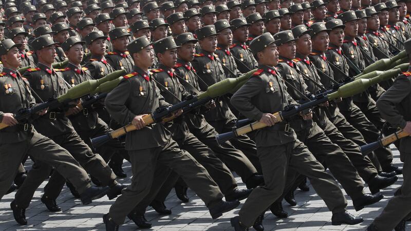 North Korean soldiers march during a mass military parade in Pyongyang’s Kim Il Sung Square to celebrate 100 years since the birth of North Korean founder, Kim Il Sung in 2012 (Ng Han Guan/AP)