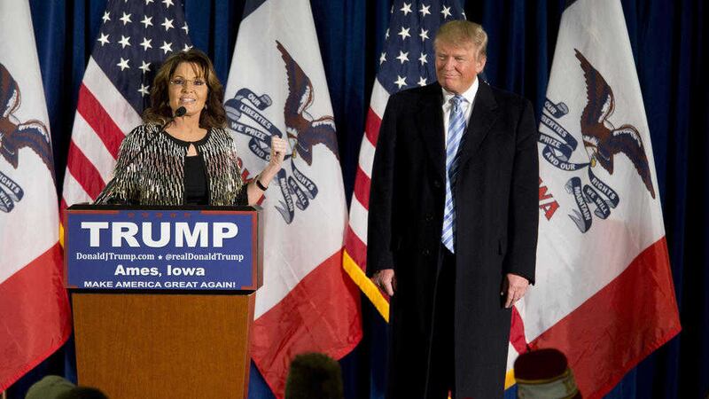 Former Alaska Governor Sarah Palin endorses Republican presidential candidate Donald Trump during a rally at the Iowa State University in Ames, Iowa. Picture by Mary Altaffer, AP