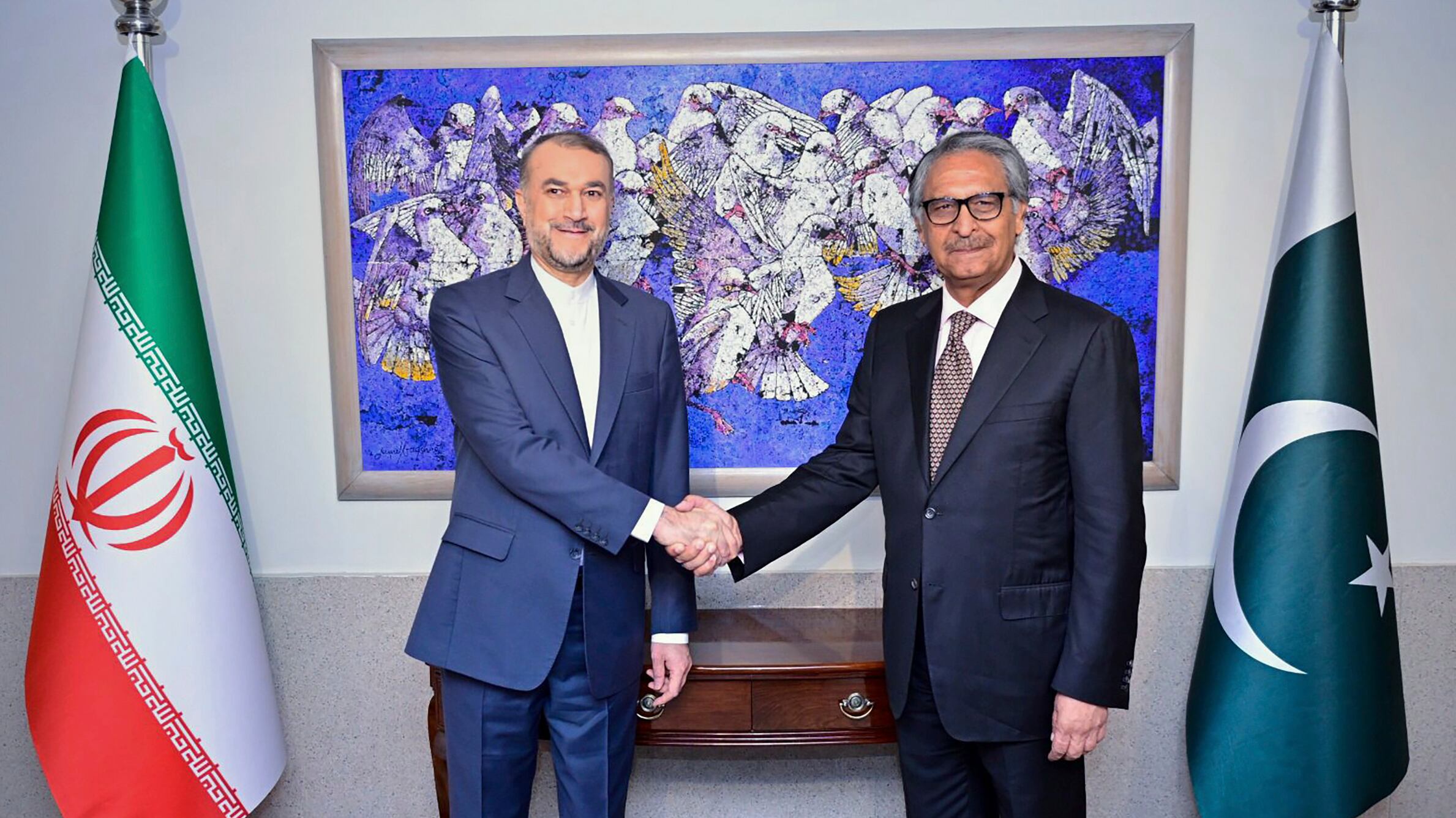 Iran’s foreign minister Hossein Amirabdollahian has met his Pakistani counterpart Jalil Abbas Jilani (Ministry of foreign affairs via AP)