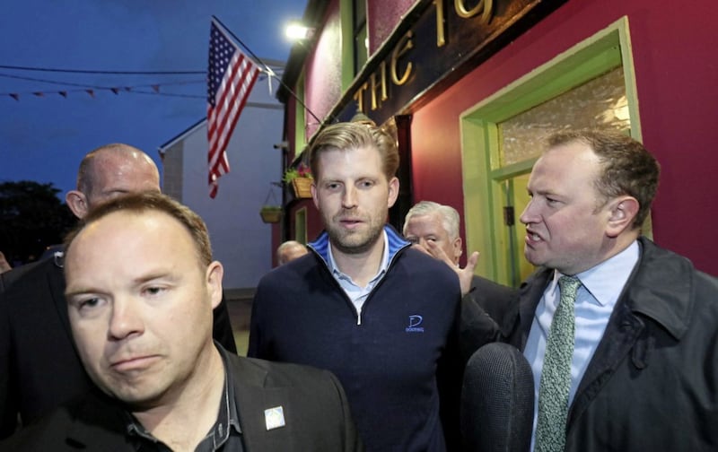 Eric Trump (centre), the son of US President Donald Trump, leaving a pub in the village of Doonbeg, Co Clare, on the first day of US President Donald Trump's visit to the Republic. Picture by Niall Carson/PA Wire