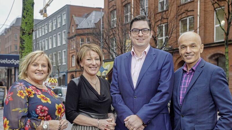 Geraldine Duggan, city centre manager; Liz Kerr, chair of Belfast One BIC; Andrew Webb, chair of Belfast City Centre Management and Rajesh Rana, president of Belfast Chamber of Trade and Commerce. Photo: Brian Thompson 