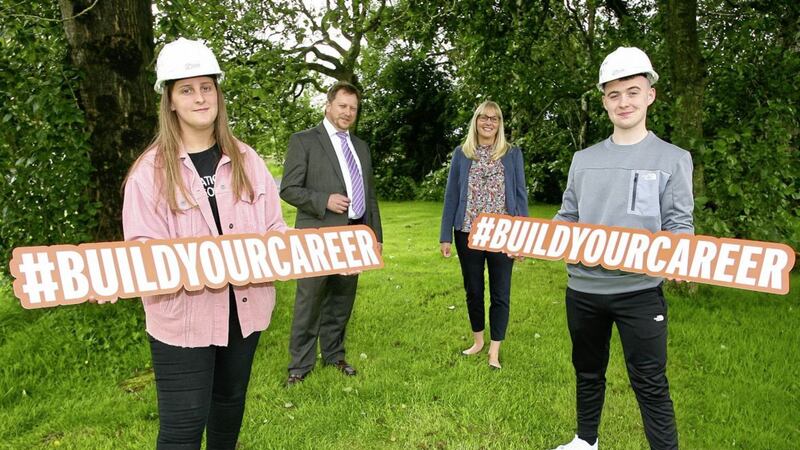 Announcing the bursary scheme are students Beth McGann and Caelan Fisher with CITB NI chief executive Barry Neilson and project manager Amanda Stevenson 