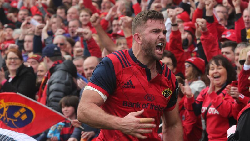 &nbsp;Munster 's Jaco Taute celebrates scoring a try during the European Champions Cup, Pool One match at Thomond Park