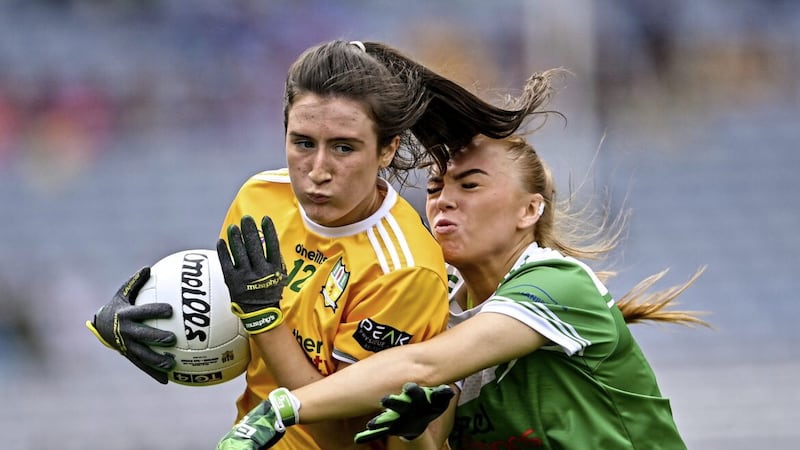 Maria O&#39;Neill of Antrim in action against Cliodhna McElroy of Fermanagh during the drawn game two weeks ago 