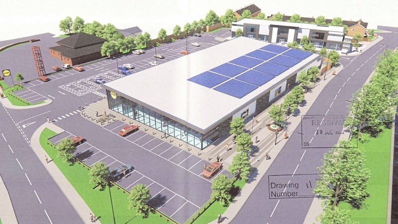 A design drawing submitted by Lidl during the planning process, showing its new supermarket and new build retail warehouse units at Branch Road, Strabane.