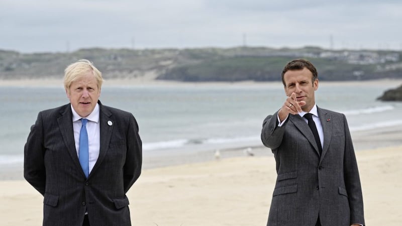 British Prime Minister Boris Johnson (left) with French President Emmanuel Macron, during the G7 summit in Cornwall 2021. Photo: Leon Neal/PA Wire. 