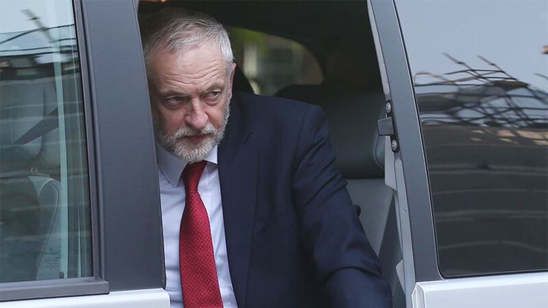 Labour Party leader Jerremy Corbyn arrives at Queen's University, Belfast to deliver his speech. Photo: Hugh Russell