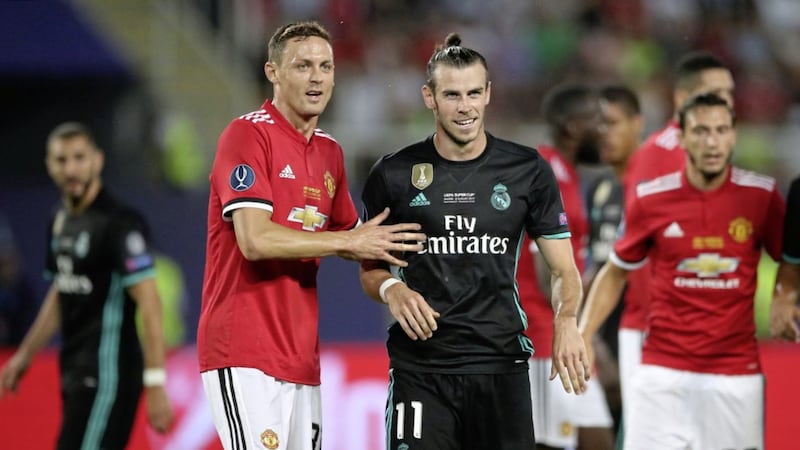 Manchester United&#39;s Nemanja Matic (left) and Real Madrid&#39;s Gareth Bale during the Uefa Super Cup match at the Philip II Arena, Skopje, Macedonia 