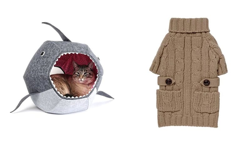 A great white shark cat bed and a cable knit sweater for your dog are two great goop choices 