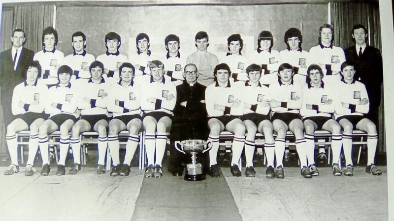 The St Malachy&rsquo;s, Belfast team that won the 1970 MacRory Cup: back row: Michael McCormack (Head of PE), Peter Leonard, Pat Comiskey, James McClean, Paul O&rsquo;Reilly, Pat Maginn, Brendan O&rsquo;Neill, Pat McGonigle, Willie Hunter, Gerry O&rsquo;Hare, George Adams, Phil Stuart (manager/coach);<br />Front row: Donal Meade, Eugene Grant, Billy Regan, John Maginn, Basil McClean, Canon Walter Larkin, Martin O&rsquo;Neill, Kevin Young, Michael Devlin, Owen Roe O&rsquo;Neill, Thomas Rogers.