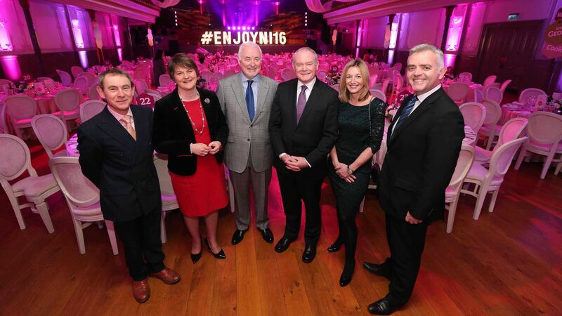 Nigel Barden, First Minister Arlene Foster,Terence Brannigan, Deputy First Minister Martin McGuinness, Laura Briggs and Investment Minister Jonathan Bell at an event in Belfast's Ulster Hall which showcased a range of local produce as the opener for the Year of Food and Drink 2016. Picture by Kelvin Boyes, Press Eye, PA Wire&nbsp;