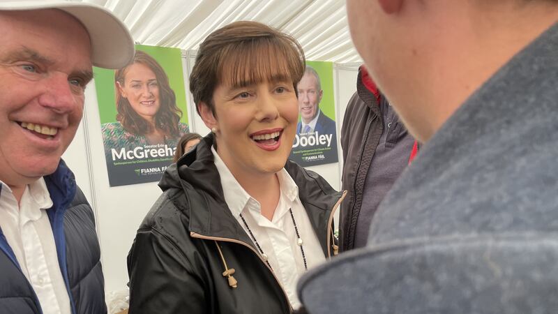 Minister for Education Norma Foley meets people in the Fianna Fail tent at the National Ploughing Championships at Ratheniska, Co Laois (Grainne Ni Aodha/PA)