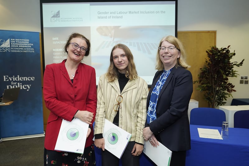 Researchers Dr Frances McGinnity, Garance Hingre and Professor Helen Russell at the launch of the ESRI and Shared Island Unit’s report on Gender and Labour Market Inclusion on the island of Ireland