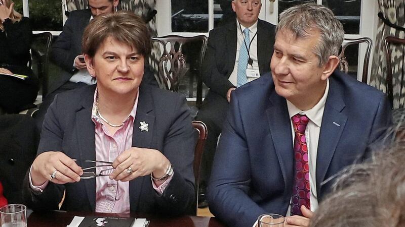 Outgoing DUP leader Arlene Foster and leadership contender Edwin Poots. Photo: Liam McBurney/PA Wire. 