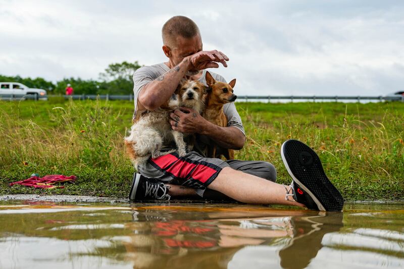 Tim McCanon sits on the road with his dogs after being rescued by the Community Fire Department during severe flooding in New Caney, Texas (Houston Chronicle via AP)