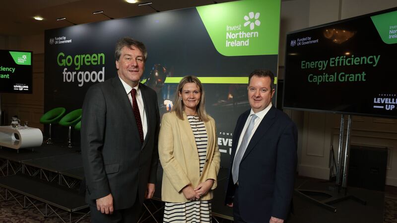 L-R: Ian Snowden, Department for the Economy; Mary Meehan, Manufacturing NI; and Kieran Donoghue, Invest NI, launching the £20m Energy Efficiency Capital Grant scheme at the Seagoe Hotel in Co Armagh on Wednesday.