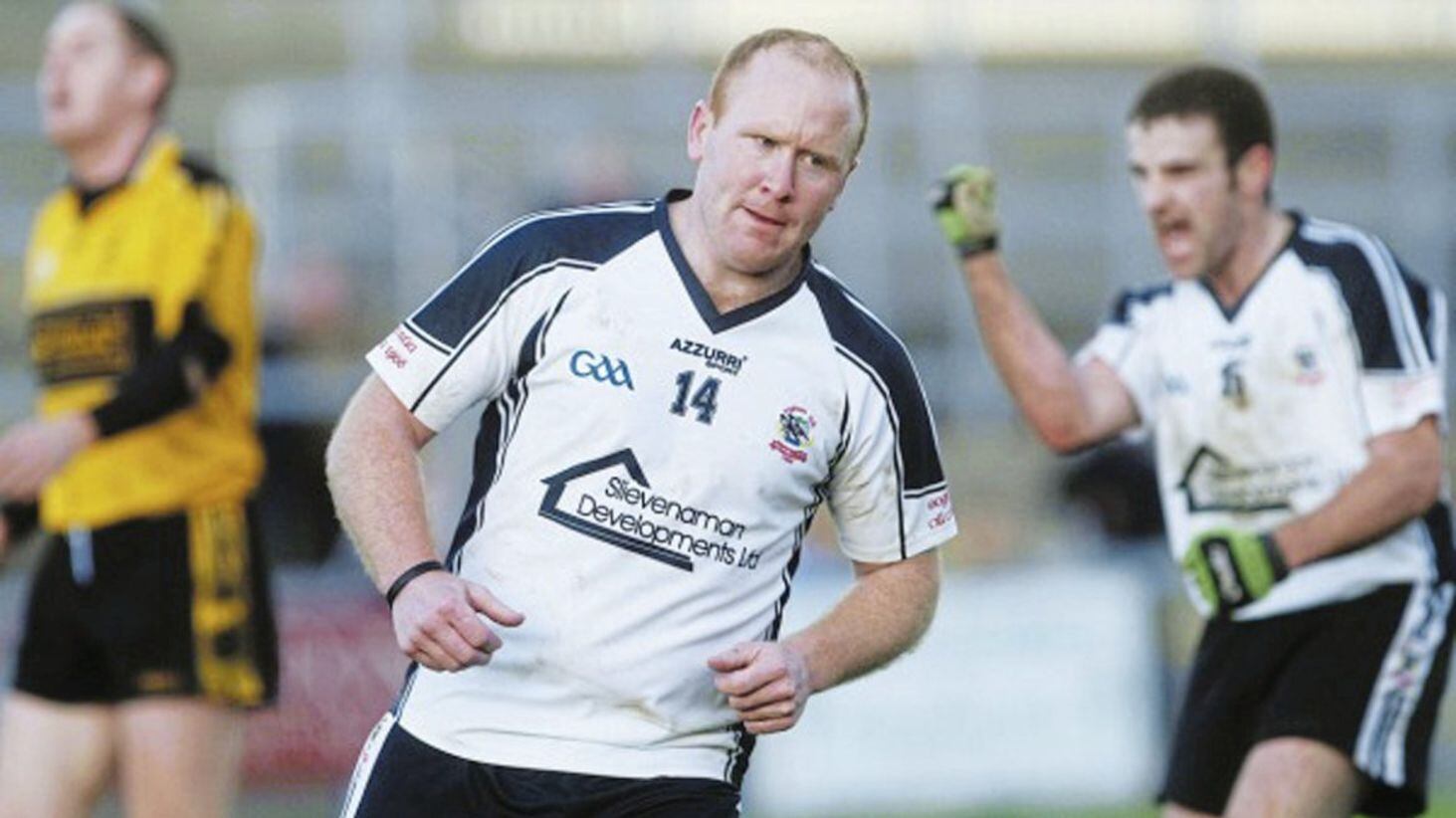 Kilcoo veteran Anthony Devlin reels away after notching a late point in the Magpies’ defeat of St Eunan’s at Pairc Esler on Sunday November 8 2009. Picture by Colm O’Reilly