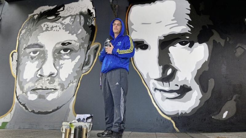 A mural of Liam Neeson alongside Carl Frampton at the Bushmills Distillery. Neeson was a talented boxer at youth level with Ballymena's All Saints ABC