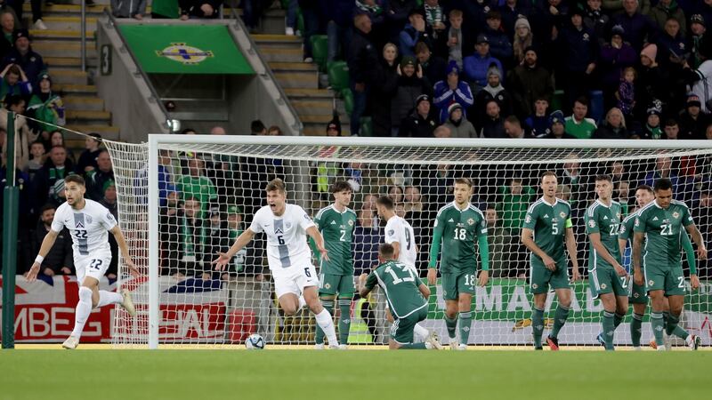 Adam Cerin (22) celebrates what proved to be Slovenia's winner against Northern Ireland.