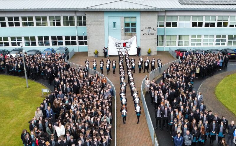 Pupils at St Ciaran’s College in Ballygawley launch a campaign relating to deaths on the A5 Road.
PICTURE COLM LENAGHAN