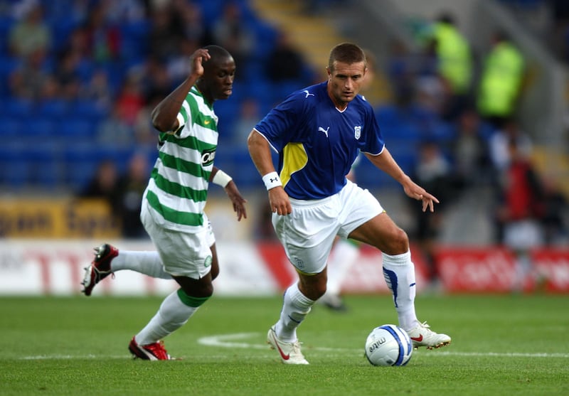 Celtic's Marc-Antoine Fortune (left) and Cardiff City's Stephen McPhail (right) battle for the ball during a pre-season friendly at the Cardiff City Stadium, Cardiff on Wednesday July 22 2009.&nbsp;