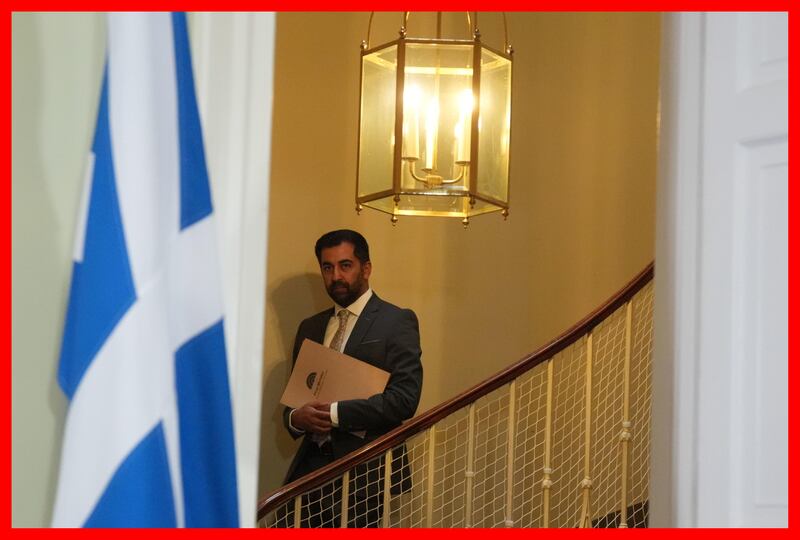 First Minister Humza Yousaf arrives for a press conference to announce his resignation as SNP leader and Scotland's First Minister