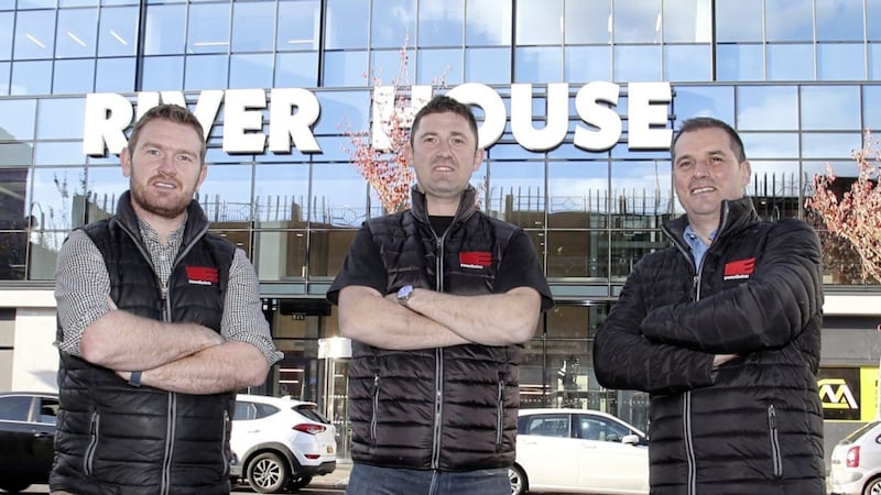 L-R: Brendan McPeake, Martin O&#39;Rourke and Liam Martin of Premier Electrics at River House in Belfast 