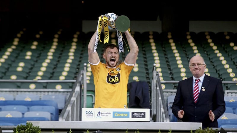 Antrim captain Conor McCann lifts the Joe McDonagh Cup after yesterday&#39;s two point victory over Kerry at Croke Park. Picture by Seamus Loughran 