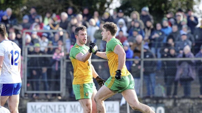 Donegal Hugh McFadden celebrates his goal against Monaghan with Patrick McBrearty during yesterday&#39;s Division One win in Ballyshannon. Picture by Margaret McLaughlin 