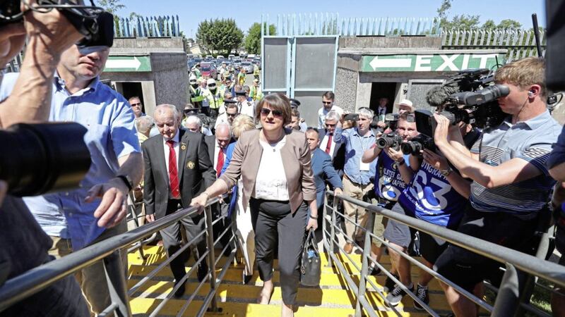 DUP Leader Arlene Foster at the Ulster final between Fermanagh and Donegal in Clones, Co Monaghan. Picture by Niall Carson/PA Wire. 