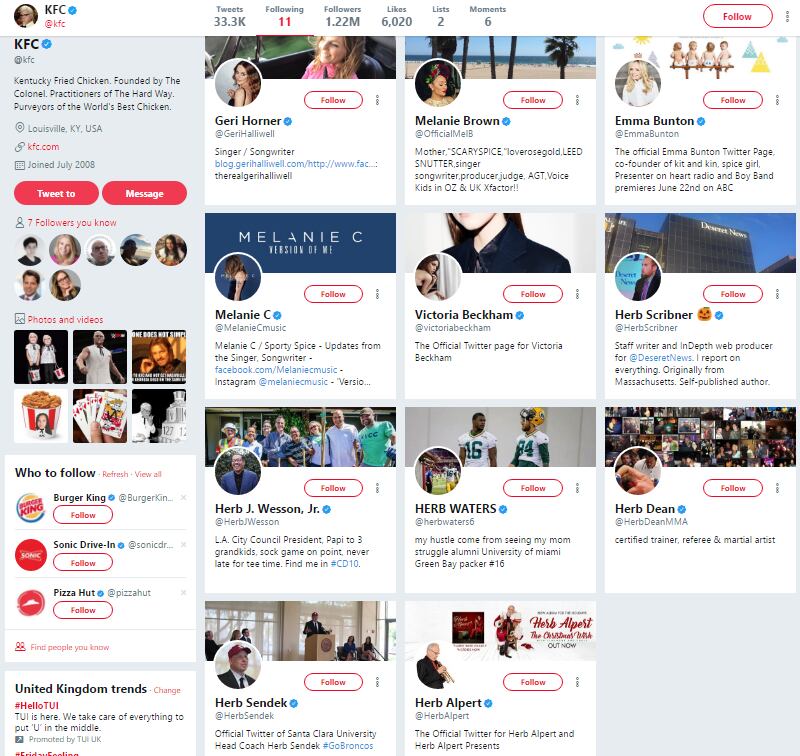 A screen grab of KFC's 'following' on Twitter