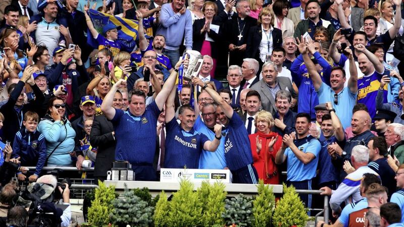 Tipperary management team of (L-R) Darragh Egan, Liam Sheedy, Eamon O&#39;Shea and Tommy Dunne lift the Liam MacCarthy Cup in Croke Park. Picture by Seamus Loughran 