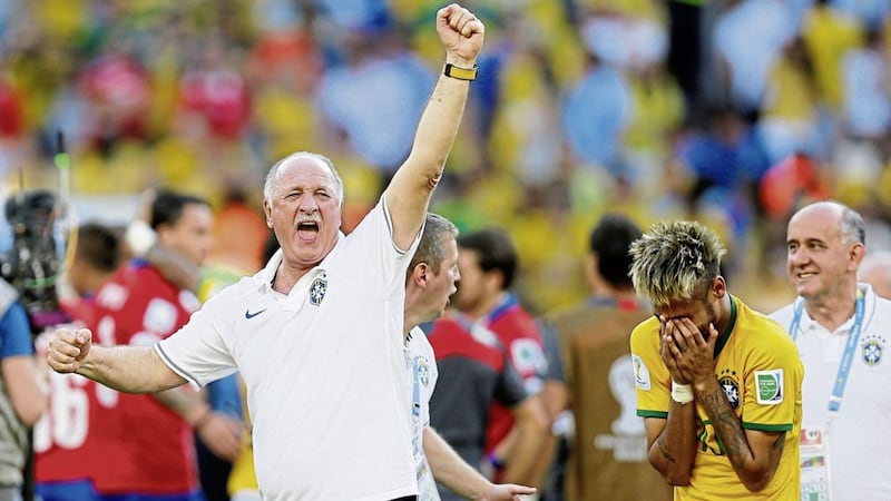 In his second term as Brazil&#39;s coach in 2014, Luiz Felipe Scolari, left, and star Neymar celebrate after a penalty shoot-out after a game between Brazil and Chile.(AP Photo/Frank Augstein). 