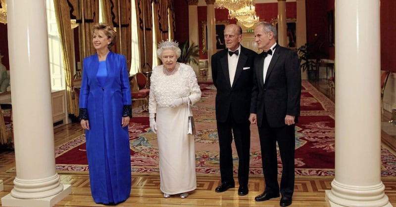 Former president Mary McAleese with queen Elizabeth, the Duke of Edinburgh and Dr Martin McAleese before the State Dinner in Dublin Castle in 2011. 