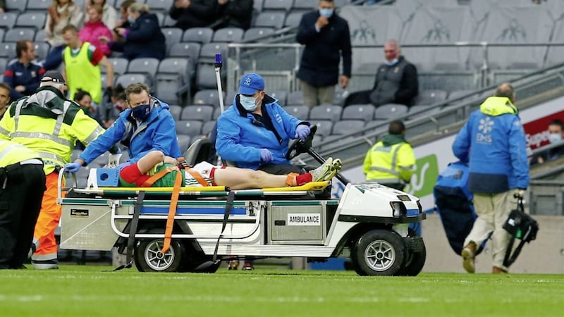 Mayo's Eoghan McLaughlin is stretchered off during the All-Ireland SFC semi-final against Dublin.<br /> Pic Philip Walsh