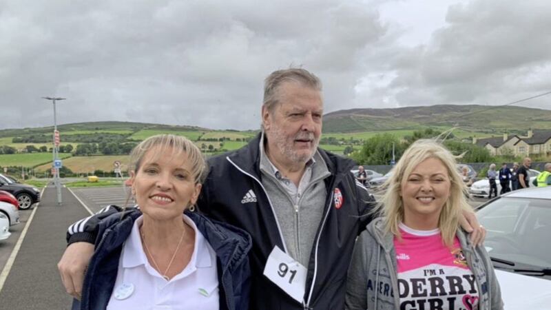 Foyle MLAs Martina Anderson (left) and Karen Mullan with former councillor Peter Anderson taking part in yesterday&#39;s Chieftan&#39;s Walk. Picture by Twitter  