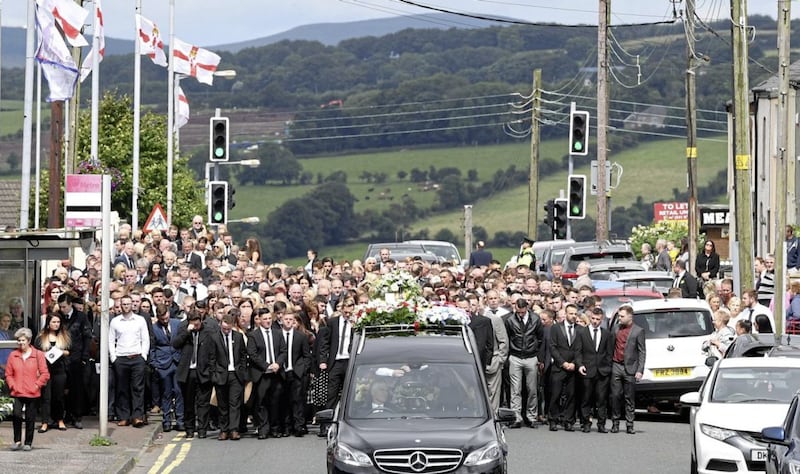 Family and friends of Dean McIlwaine follow his coffin at his funeral in Carnmoney. Picture by Justin Kernoghan/ Photopress 